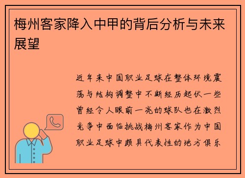 梅州客家降入中甲的背后分析与未来展望
